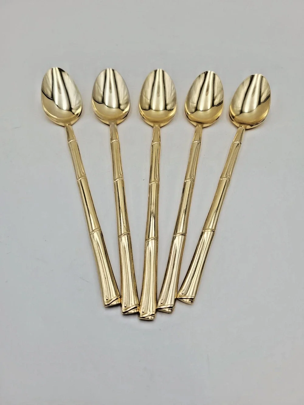 Set 5 National Escapade Iced Tea Spoon Gold Stainless Steel Bamboo Handles JAPAN